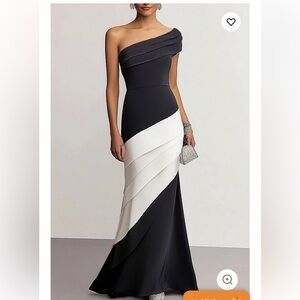 Elegant One-Shoulder Black and White Gown Chiclody 4 new ruffle